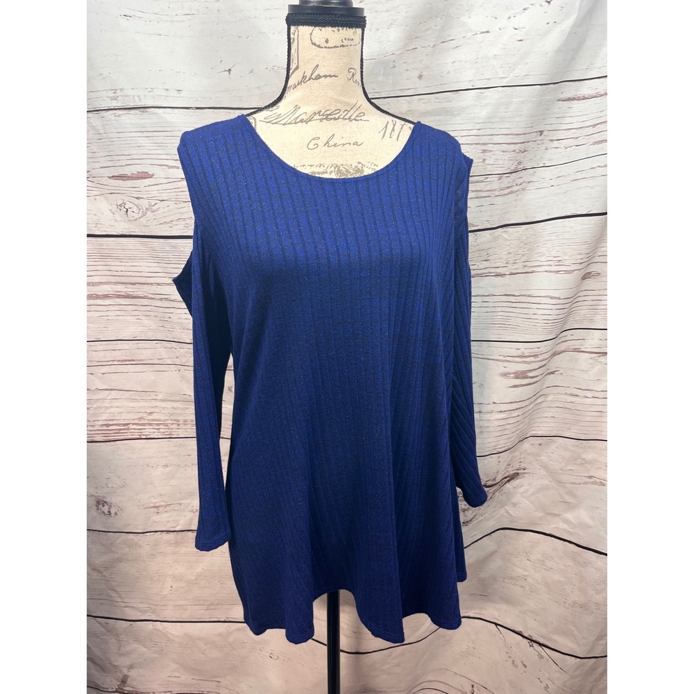 NY Collection Womens XL Royal Blue Ribbed Metallic Cold Shoulder Top XRKU0187